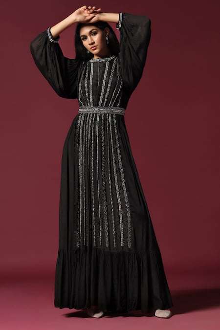 Two Sisters By Gyans_Black Chiffon Pearls, Cut Work High Neck Embellished Gown _Online_at_Aza_Fashions