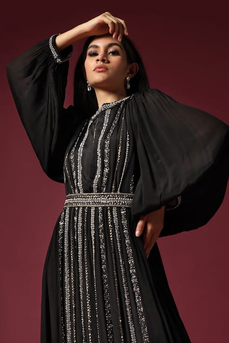 Buy_Two Sisters By Gyans_Black Chiffon Pearls, Cut Work High Neck Embellished Gown _Online_at_Aza_Fashions