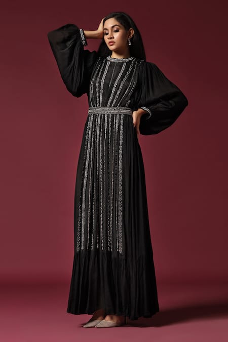 Shop_Two Sisters By Gyans_Black Chiffon Pearls, Cut Work High Neck Embellished Gown _Online_at_Aza_Fashions