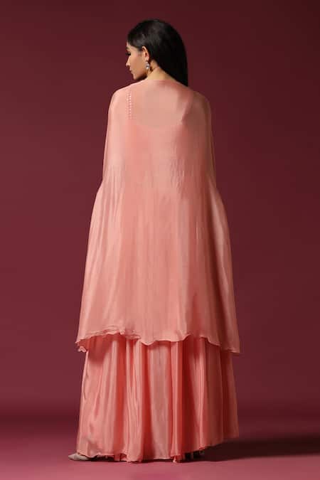 Shop Two Sisters By Gyans Pink Chiffon Beads, Mirrors Round Neck Border Embroidered Cape Lehenga Set at Aza Fashions Shop_Two Sisters By Gyans_Pink Chiffon Beads, Mirrors Round Neck Border Embroidered Cape Lehenga Set _at_Aza_Fashions