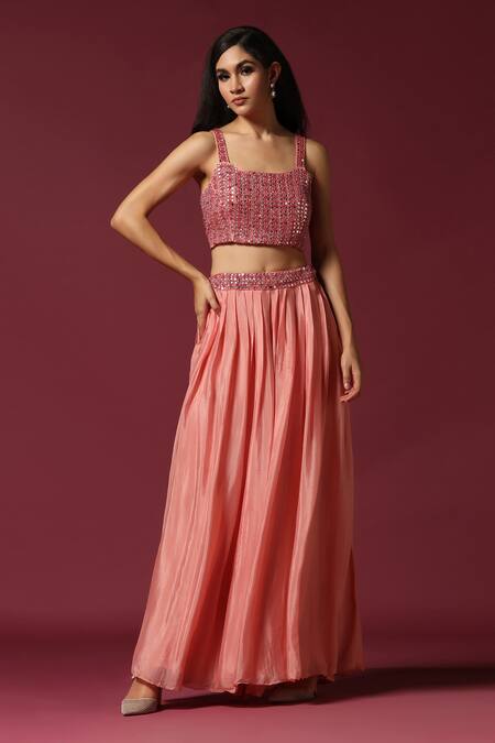 Two Sisters By Gyans Pink Chiffon Beads, Mirrors Round Neck Border Embroidered Cape Lehenga Set Online at Aza Fashions Two Sisters By Gyans_Pink Chiffon Beads, Mirrors Round Neck Border Embroidered Cape Lehenga Set _Online_at_Aza_Fashions