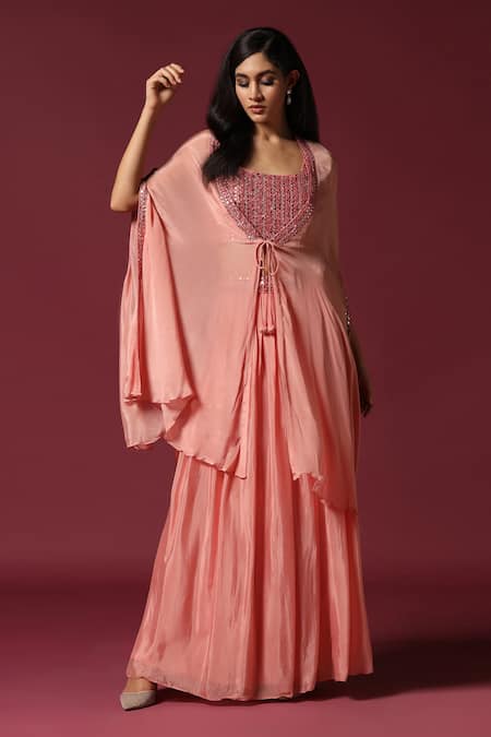 Shop Two Sisters By Gyans Pink Chiffon Beads, Mirrors Round Neck Border Embroidered Cape Lehenga Set Online at Aza Fashions Shop_Two Sisters By Gyans_Pink Chiffon Beads, Mirrors Round Neck Border Embroidered Cape Lehenga Set _Online_at_Aza_Fashions