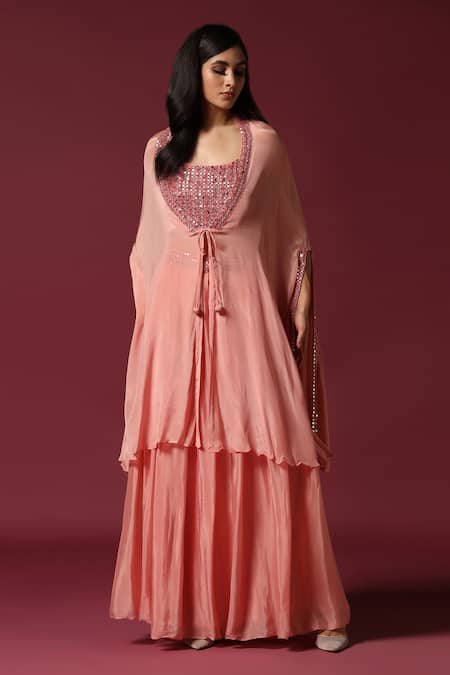 Two Sisters By Gyans Pink Chiffon Beads, Mirrors Round Neck Border Embroidered Cape Lehenga Set at Aza Fashions Two Sisters By Gyans_Pink Chiffon Beads, Mirrors Round Neck Border Embroidered Cape Lehenga Set _at_Aza_Fashions