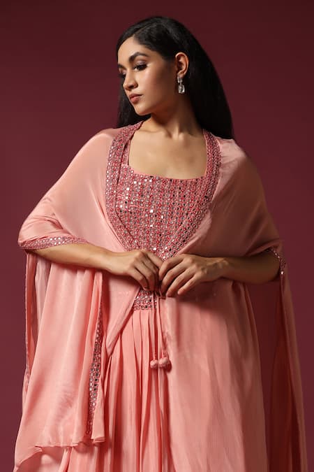 Buy Two Sisters By Gyans Pink Chiffon Beads, Mirrors Round Neck Border Embroidered Cape Lehenga Set Buy_Two Sisters By Gyans_Pink Chiffon Beads, Mirrors Round Neck Border Embroidered Cape Lehenga Set