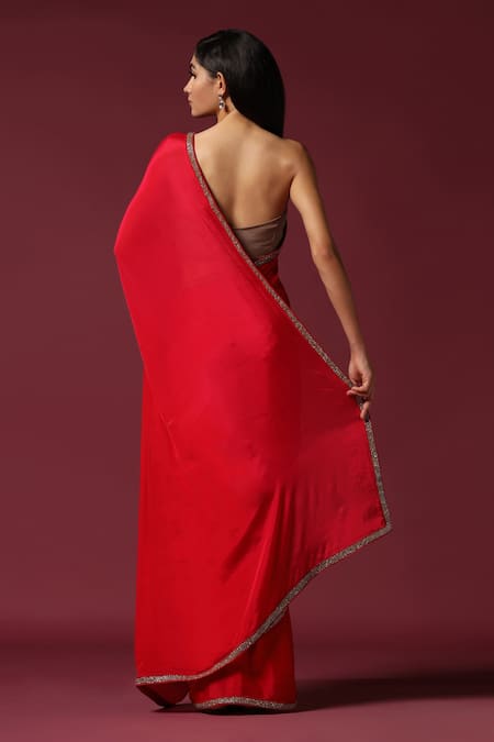 Shop Two Sisters By Gyans Red Chiffon Beads Border Embroidered Saree With Unstitched Blouse Piece at Aza Fashions Shop_Two Sisters By Gyans_Red Chiffon Beads Border Embroidered Saree With Unstitched Blouse Piece _at_Aza_Fashions