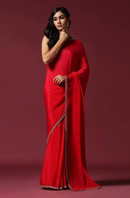 Two Sisters By Gyans Red Chiffon Beads Border Embroidered Saree With Unstitched Blouse Piece Online at Aza Fashions Two Sisters By Gyans_Red Chiffon Beads Border Embroidered Saree With Unstitched Blouse Piece _Online_at_Aza_Fashions