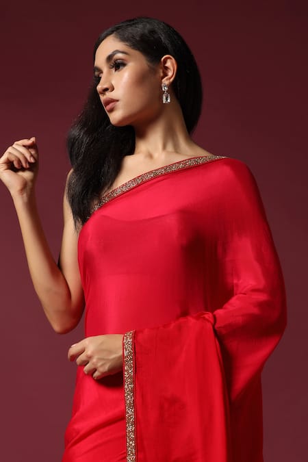 Shop Two Sisters By Gyans Red Chiffon Beads Border Embroidered Saree With Unstitched Blouse Piece Online at Aza Fashions Shop_Two Sisters By Gyans_Red Chiffon Beads Border Embroidered Saree With Unstitched Blouse Piece _Online_at_Aza_Fashions