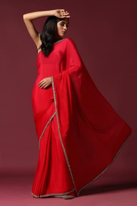 Two Sisters By Gyans Red Chiffon Beads Border Embroidered Saree With Unstitched Blouse Piece at Aza Fashions Two Sisters By Gyans_Red Chiffon Beads Border Embroidered Saree With Unstitched Blouse Piece _at_Aza_Fashions