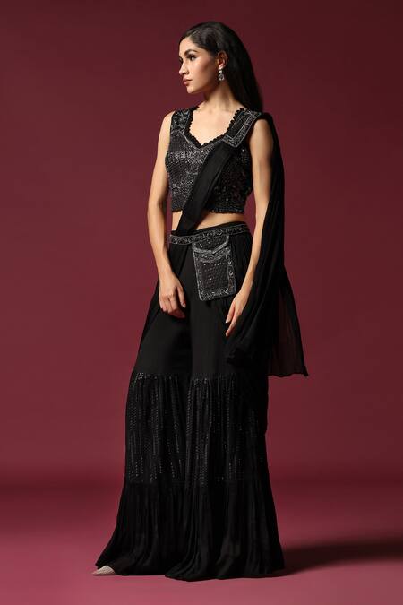 Two Sisters By Gyans_Black Georgette Cut Work, Sequins Draped Sharara Saree With Embroidered Blouse _Online_at_Aza_Fashions