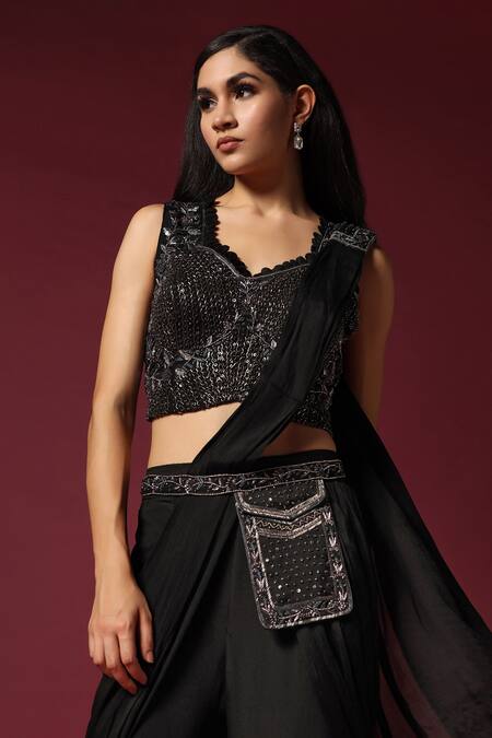 Buy_Two Sisters By Gyans_Black Georgette Cut Work, Sequins Draped Sharara Saree With Embroidered Blouse _Online_at_Aza_Fashions