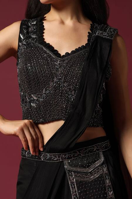 Shop_Two Sisters By Gyans_Black Georgette Cut Work, Sequins Draped Sharara Saree With Embroidered Blouse _Online_at_Aza_Fashions