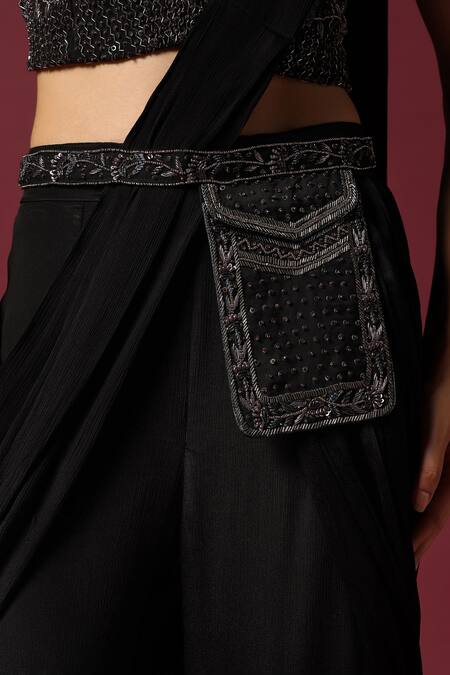 Two Sisters By Gyans_Black Georgette Cut Work, Sequins Draped Sharara Saree With Embroidered Blouse _at_Aza_Fashions