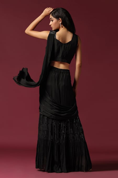 Buy_Two Sisters By Gyans_Black Georgette Cut Work, Sequins Draped Sharara Saree With Embroidered Blouse 