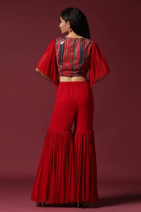 Shop Two Sisters By Gyans Red Georgette Embroidery Open Neck Crop Top Gharara Set at Aza Fashions Shop_Two Sisters By Gyans_Red Georgette Embroidery Open Neck Crop Top Gharara Set _at_Aza_Fashions