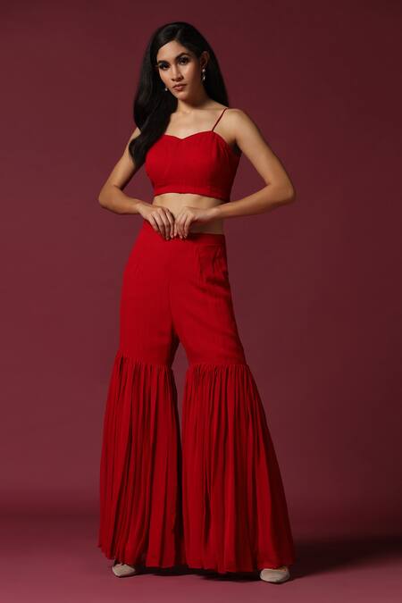 Two Sisters By Gyans Red Georgette Embroidery Open Neck Crop Top Gharara Set Online at Aza Fashions Two Sisters By Gyans_Red Georgette Embroidery Open Neck Crop Top Gharara Set _Online_at_Aza_Fashions