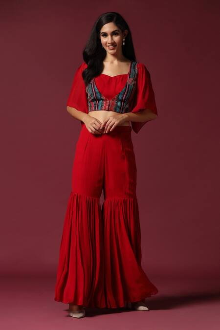 Buy Two Sisters By Gyans Red Georgette Embroidery Open Neck Crop Top Gharara Set Online at Aza Fashions Buy_Two Sisters By Gyans_Red Georgette Embroidery Open Neck Crop Top Gharara Set _Online_at_Aza_Fashions