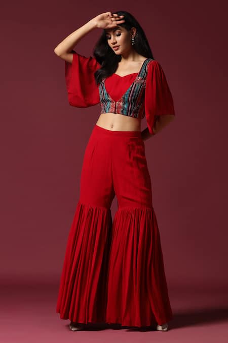 Shop Two Sisters By Gyans Red Georgette Embroidery Open Neck Crop Top Gharara Set Online at Aza Fashions Shop_Two Sisters By Gyans_Red Georgette Embroidery Open Neck Crop Top Gharara Set _Online_at_Aza_Fashions