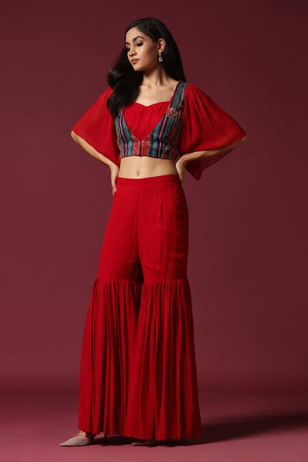 Two Sisters By Gyans Red Georgette Embroidery Open Neck Crop Top Gharara Set at Aza Fashions Two Sisters By Gyans_Red Georgette Embroidery Open Neck Crop Top Gharara Set _at_Aza_Fashions