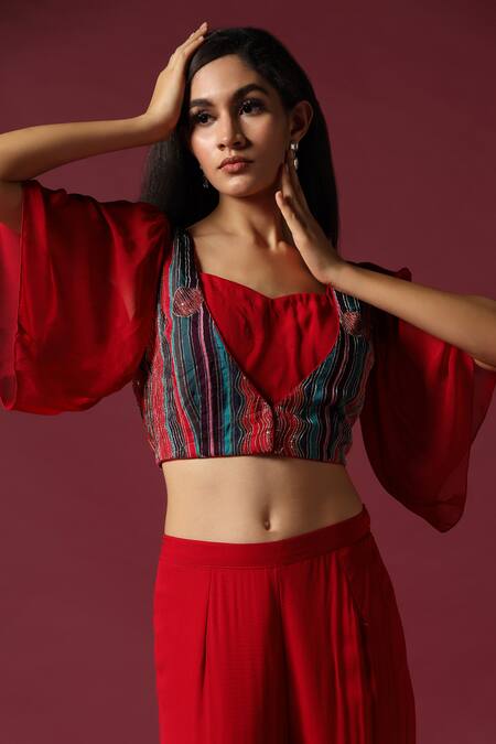 Buy Two Sisters By Gyans Red Georgette Embroidery Open Neck Crop Top Gharara Set Buy_Two Sisters By Gyans_Red Georgette Embroidery Open Neck Crop Top Gharara Set