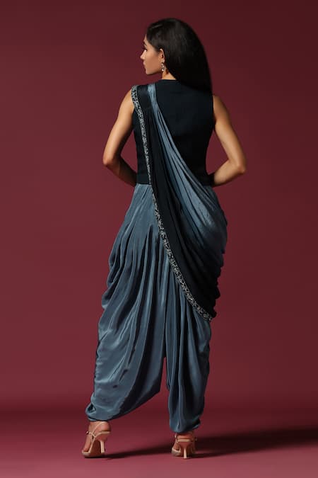 Shop Two Sisters By Gyans Blue Georgette Cut Work, Sequins, Embroidery Round Neck Dhoti Saree With Jacket at Aza Fashions Shop_Two Sisters By Gyans_Blue Georgette Cut Work, Sequins, Embroidery Round Neck Dhoti Saree With Jacket_at_Aza_Fashions