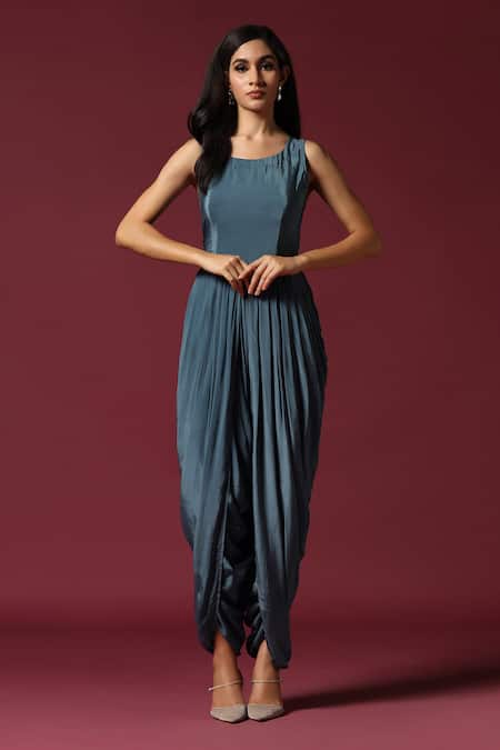 Two Sisters By Gyans Blue Georgette Cut Work, Sequins, Embroidery Round Neck Dhoti Saree With Jacket Online at Aza Fashions Two Sisters By Gyans_Blue Georgette Cut Work, Sequins, Embroidery Round Neck Dhoti Saree With Jacket_Online_at_Aza_Fashions