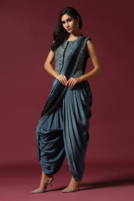 Two Sisters By Gyans Blue Georgette Cut Work, Sequins, Embroidery Round Neck Dhoti Saree With Jacket at Aza Fashions Two Sisters By Gyans_Blue Georgette Cut Work, Sequins, Embroidery Round Neck Dhoti Saree With Jacket_at_Aza_Fashions