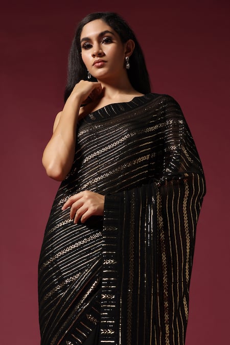 Shop Two Sisters By Gyans Black Georgette Sequins Embroidered Saree With Unstitched Blouse Piece Online at Aza Fashions Shop_Two Sisters By Gyans_Black Georgette Sequins Embroidered Saree With Unstitched Blouse Piece _Online_at_Aza_Fashions