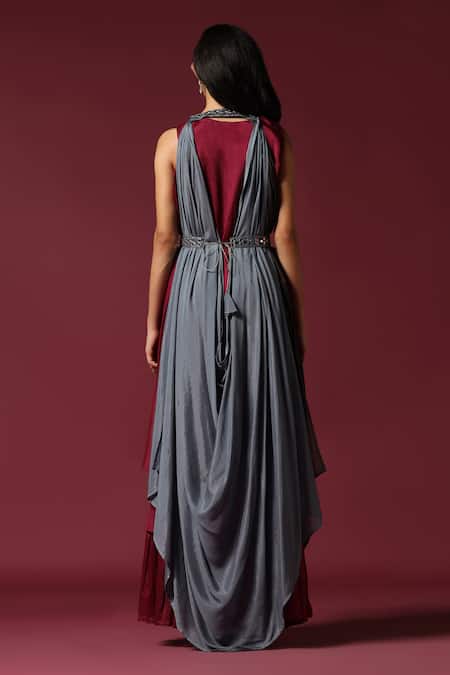 Shop Two Sisters By Gyans Maroon Chiffon Mirrors Round Neck Solid Kurta With Embroidered Cape at Aza Fashions Shop_Two Sisters By Gyans_Maroon Chiffon Mirrors Round Neck Solid Kurta With Embroidered Cape _at_Aza_Fashions