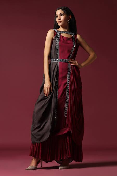 Buy Two Sisters By Gyans Maroon Chiffon Mirrors Round Neck Solid Kurta With Embroidered Cape Online at Aza Fashions Buy_Two Sisters By Gyans_Maroon Chiffon Mirrors Round Neck Solid Kurta With Embroidered Cape _Online_at_Aza_Fashions