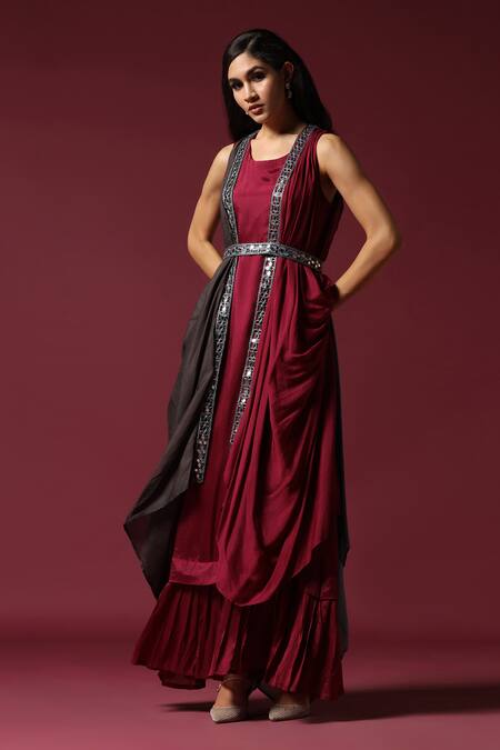 Two Sisters By Gyans Maroon Chiffon Mirrors Round Neck Solid Kurta With Embroidered Cape at Aza Fashions Two Sisters By Gyans_Maroon Chiffon Mirrors Round Neck Solid Kurta With Embroidered Cape _at_Aza_Fashions