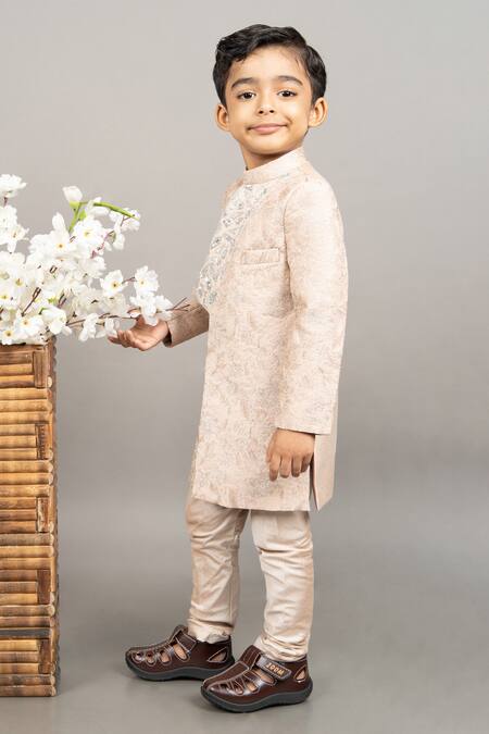 Buy_Little Brats_Beige Cotton, Silk Sequins, Cut Work Embroidered Sherwani Set _Online_at_Aza_Fashions