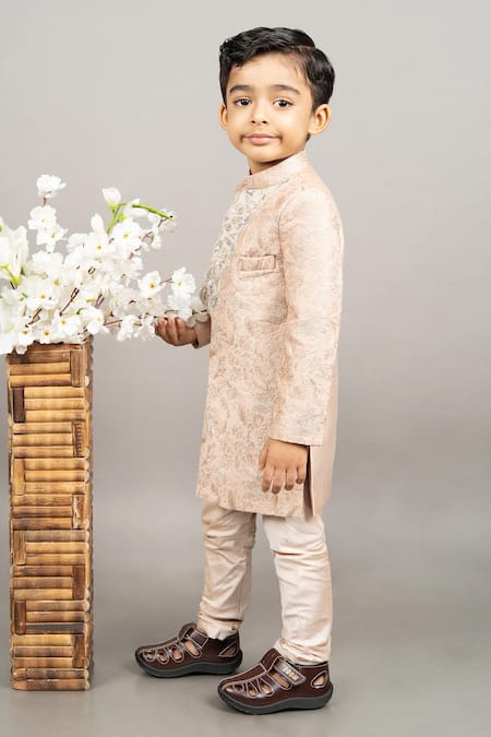Shop_Little Brats_Beige Cotton, Silk Sequins, Cut Work Embroidered Sherwani Set _Online_at_Aza_Fashions