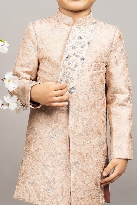 Little Brats_Beige Cotton, Silk Sequins, Cut Work Embroidered Sherwani Set _at_Aza_Fashions