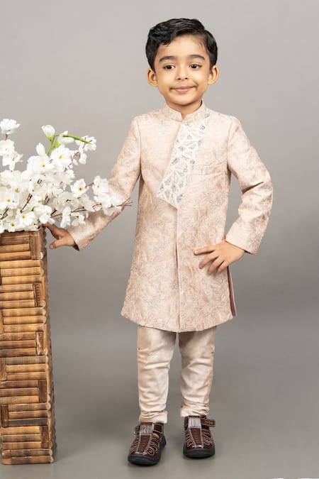 Buy_Little Brats_Beige Cotton, Silk Sequins, Cut Work Embroidered Sherwani Set 