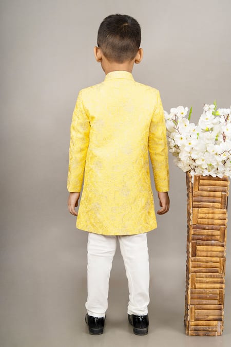 Little Brats Yellow Cotton, Silk Embroidery Flower Sherwani Set Online at Aza Fashions Little Brats_Yellow Cotton, Silk Embroidery Flower Sherwani Set _Online_at_Aza_Fashions