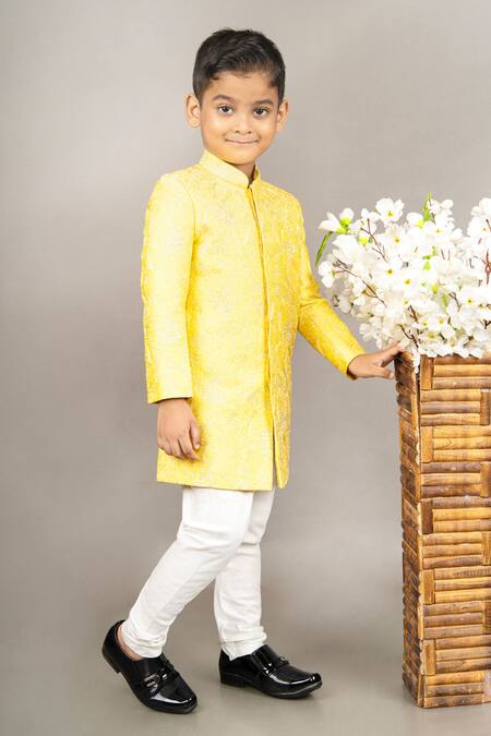 Buy Little Brats Yellow Cotton, Silk Embroidery Flower Sherwani Set Online at Aza Fashions Buy_Little Brats_Yellow Cotton, Silk Embroidery Flower Sherwani Set _Online_at_Aza_Fashions