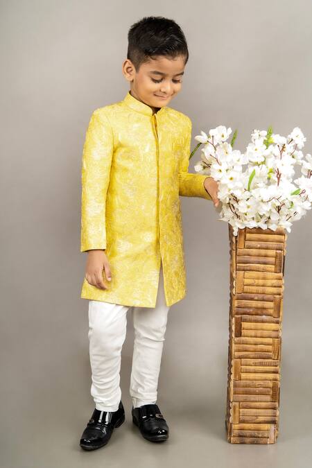 Shop Little Brats Yellow Cotton, Silk Embroidery Flower Sherwani Set Online at Aza Fashions Shop_Little Brats_Yellow Cotton, Silk Embroidery Flower Sherwani Set _Online_at_Aza_Fashions