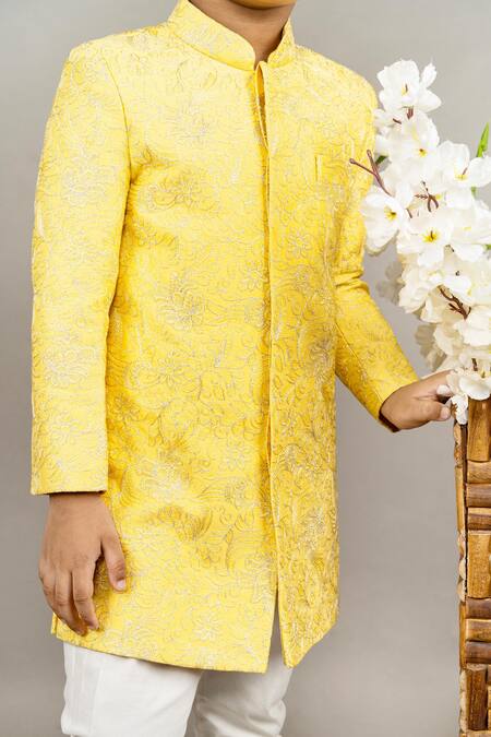 Little Brats Yellow Cotton, Silk Embroidery Flower Sherwani Set at Aza Fashions Little Brats_Yellow Cotton, Silk Embroidery Flower Sherwani Set _at_Aza_Fashions