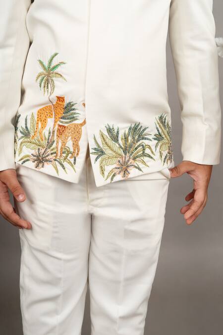 Shop Little Brats Ivory Viscose, Satin Beads, Embroidery Cheetah Border Prince Coat Set Online at Aza Fashions Shop_Little Brats_Ivory Viscose, Satin Beads, Embroidery Cheetah Border Prince Coat Set _Online_at_Aza_Fashions