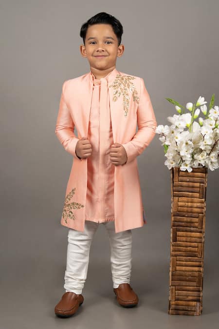 Little Brats Leaf Placement Embroidered Sherwani Set 