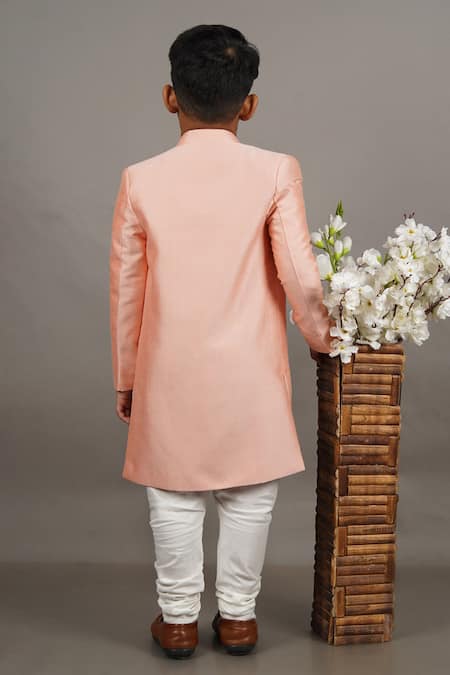 Little Brats_Pink Cotton, Silk Cut Work, Sequins Leaf Placement Embroidered Sherwani Set _Online_at_Aza_Fashions