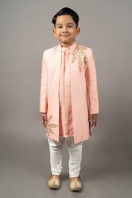 Buy_Little Brats_Pink Cotton, Silk Cut Work, Sequins Leaf Placement Embroidered Sherwani Set _Online_at_Aza_Fashions