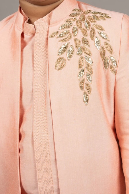 Shop_Little Brats_Pink Cotton, Silk Cut Work, Sequins Leaf Placement Embroidered Sherwani Set _Online_at_Aza_Fashions