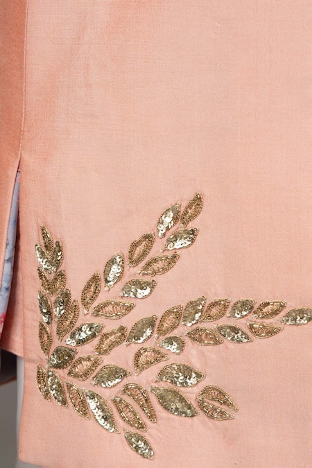 Little Brats_Pink Cotton, Silk Cut Work, Sequins Leaf Placement Embroidered Sherwani Set _at_Aza_Fashions