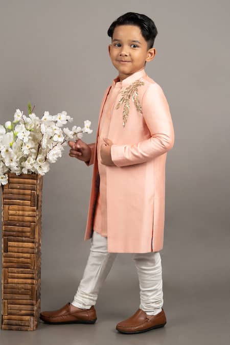 Buy_Little Brats_Pink Cotton, Silk Cut Work, Sequins Leaf Placement Embroidered Sherwani Set 