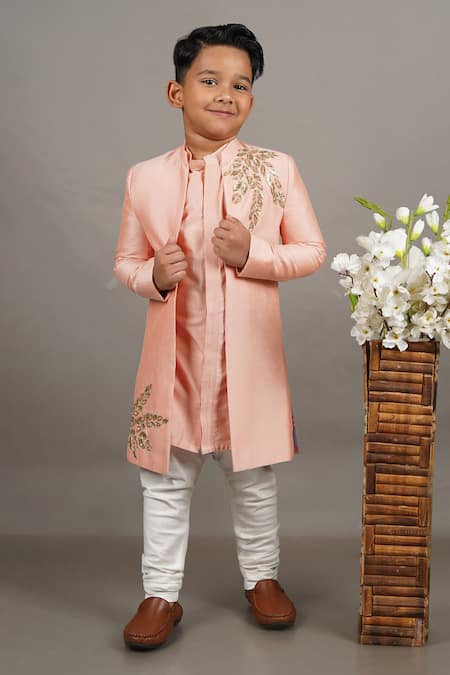 Shop_Little Brats_Pink Cotton, Silk Cut Work, Sequins Leaf Placement Embroidered Sherwani Set 