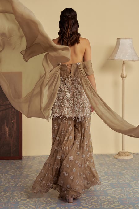 Jade By Ashima Amara Bloom Embroidered Cold Shoulder Kurti With Sharara 