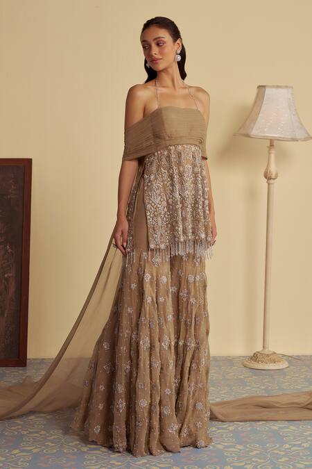 Jade By Ashima_Brown Organza, Satin, Amara Bloom Embroidered Cold Shoulder Kurti With Sharara _Online_at_Aza_Fashions