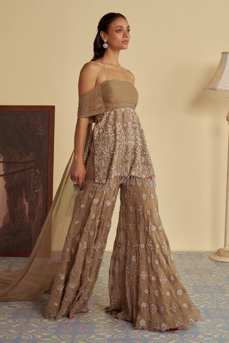 Buy_Jade By Ashima_Brown Organza, Satin, Amara Bloom Embroidered Cold Shoulder Kurti With Sharara _Online_at_Aza_Fashions