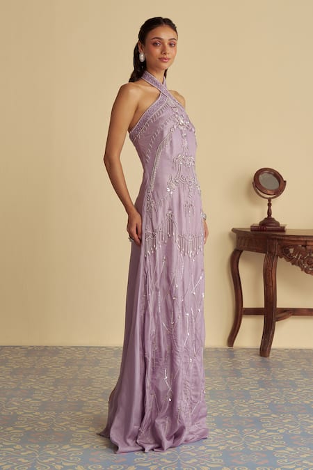 Jade By Ashima_Purple Oxford Pearls, Beads, Crystals Aurelia Damask Bloom Embroidered Gown _Online_at_Aza_Fashions